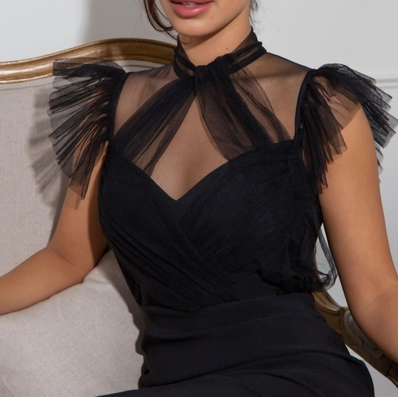 NWT Bianca and Bridgett "Jade" Elegant Midi Black Dress with Tulle Detail - Picture 3 of 16